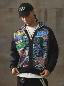 AXEPEAK Men's Autumn Letter Print Zip-Up Hoodie Sweatshirt, Streetwear, For Fall Winter