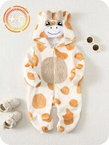 SHEIN Newborn Baby Boy/Girl Toddler Giraffe Hooded Long Sleeve Romper, Thick Warm Cute Animal Jumpsuit Outfit, Comfortable Versatile Casual Daily Wear, Suitable For Indoor, Outdoor, Skiing, Sports, Play, Party, Halloween, Cosplay - Apricot - View 3