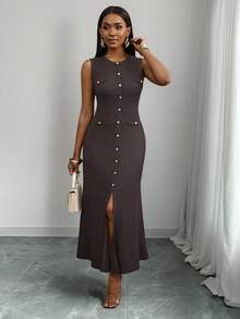 SHEIN PETITE CURVE Đầm không tay cổ tròn màu trơn thanh lịch cỡ lớn, thích hợp để đi làm - màu nâu - Xem 5