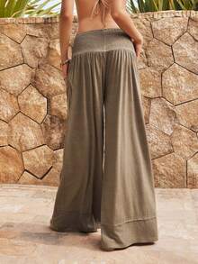 Bohemela Plus Size Women's Solid Color High Waist Loose Pockets Wide Leg Pants - Brown - View 6