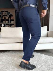 Manfinity Mode Men Slant Pocket Suit Pants Without Belt, Men's Dress Pants, Men Slim Fit Pants, Dark Blue Pants, Men's Stretchy Dress Pants - Navy Blue - View 2