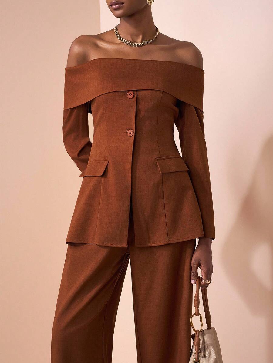 Zivah Hàng mới về mùa hè và thu 2025, Thích hợp cho tiệc sinh nhật, Trở lại trường, Phong cách trường học, Trang phục hàng ngày, Thường ngày, Du lịch du thuyền, Bãi biển, Tắm nắng, Trang phục dạo phố, Thanh lịch, Đi làm, Trang phục công sở thường ngày, Dự tiệc, Áo dài tay trễ vai có túi cài nút, Kết hợp với quần ống rộng, Chất liệu sợi tre màu nâu, Bộ 2 món cho nữ, Trang phục mùa thu - màu nâu - Xem 1