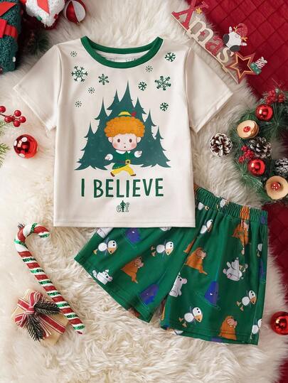 ELF X SHEIN 2pcs/Set Young Boy Cartoon Figure Graphic Round Neck Short Sleeve T-Shirt And Shorts
