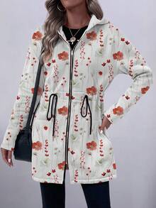 EMERY ROSE 女士休闲度假抽绳口袋连帽运动衫，薄款长款皮草印花夹克 - 彩色 - 查看 3