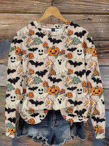SHEIN LUNE Lässiger minimalistischer Plüsch-Halloween-Geister, Kürbisse, Fledermäuse, süße Gänseblümchen & Blumen Allover-Muster Loose Fit Crew Neck Langarm Sweatshirt für Damen, geeignet für Herbst/Winter, Halloween, Herbst - Verschiedenfarbig - Übersicht 4