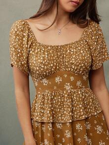 WESTFADE Gaun Mini Berenda Bertingkat Lengan Pendek Leher Persegi Motif Bunga Campuran Cokelat, Ikat Pita di Belakang, Musim Panas, Boho, Liburan, Pakaian Barat untuk Wanita - MultiWarna - View 6