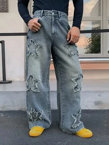 DAZY Men's Distressed Patchwork Denim Jeans With Pentagonal Design, Streetwear Style, Autumn Y2k Jeans Distressed Jeans - Blue - View 5