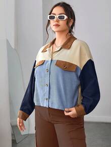 SHEIN EZwear 大码女式撞色落肩长袖单排扣休闲衬衫，秋季 - 彩色 - 查看 5