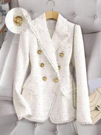 GlowEve CURVE Plus Size Double-Breasted Fringe Trim Elegant Office Wear Long Sleeve Blazer Fall Cloth For Women Autumn