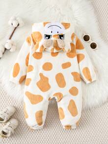 SHEIN Newborn Baby Boy/Girl Toddler Giraffe Hooded Long Sleeve Romper, Thick Warm Cute Animal Jumpsuit Outfit, Comfortable Versatile Casual Daily Wear, Suitable For Indoor, Outdoor, Skiing, Sports, Play, Party, Halloween, Cosplay - Apricot - View 2