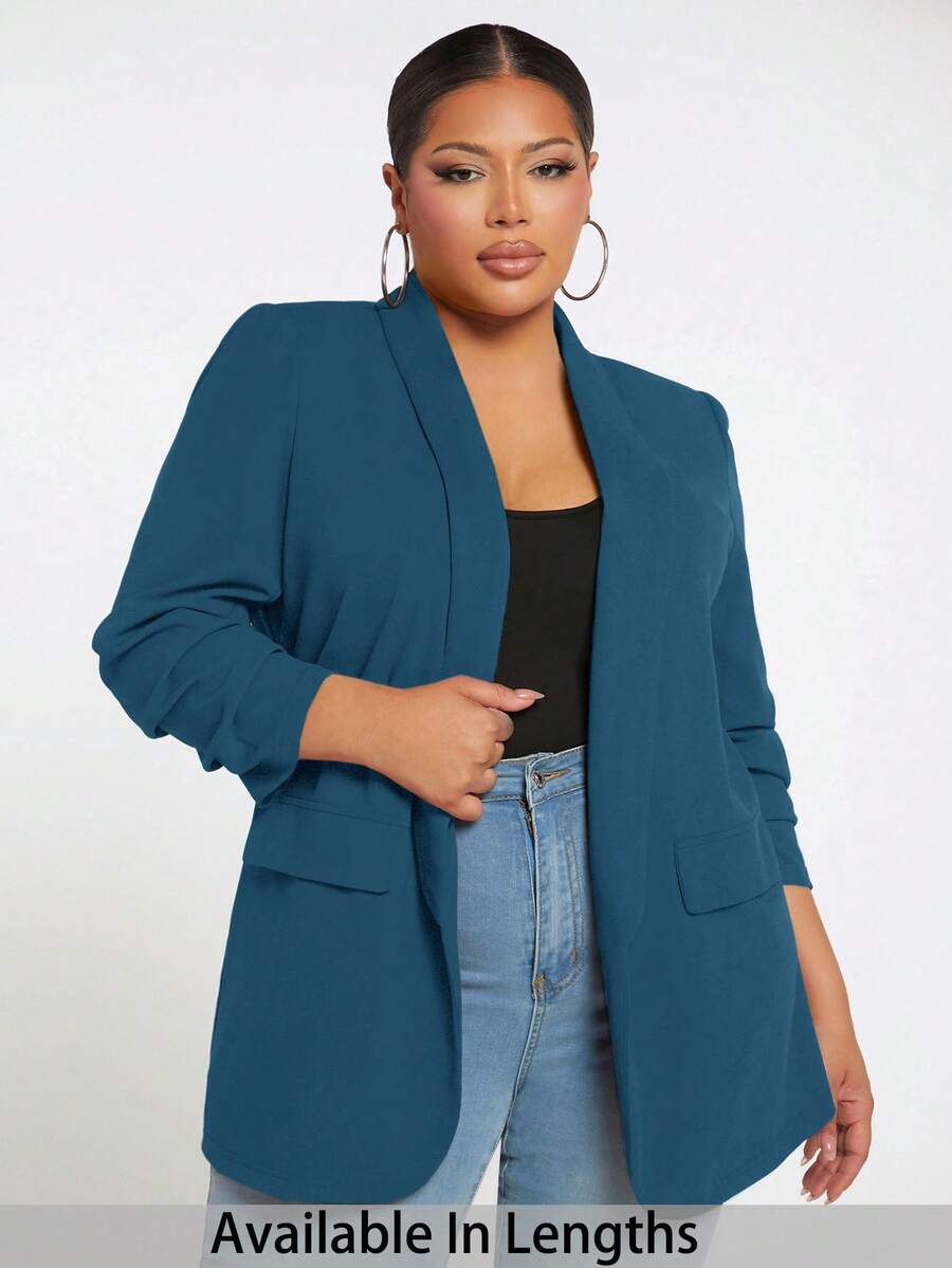 SHEIN Tall CURVE Plus Size Women Solid Color Draped Collar Ruched 3/4 Sleeve Casual Blazer Jacket In Fall/Winter - Teal Blue - View 1