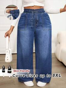 SHEIN CURVE+ 大码宽松直筒松紧腰抽绳牛仔裤 - 中等水洗藍 - 查看 3