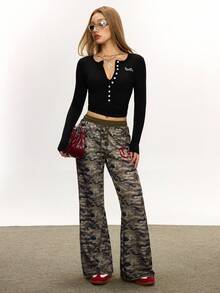 Rina Fox 女士休闲复古迷彩阔腿裤 - 軍綠色 - 查看 6