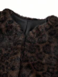 Ellevyn 女式圆领长袖前开襟豹纹棕色优雅休闲外套短款仿皮草夹克，秋冬 - 彩色 - 查看 8