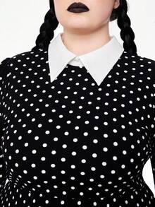 ROMWE Avant Plus Size Women Polka Dot Pattern Cosplay Role-Playing Mid-Length Dress, Slimming - Black and White - View 5
