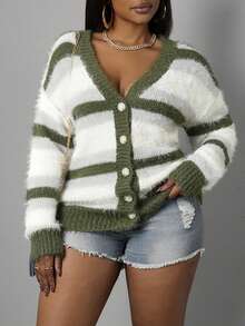 Slaydiva 女士休闲日常宽松条纹 V 领前开针织开衫，基本色，秋冬