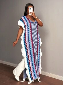 Slaydiva 2025 春秋新品优雅派对、优雅约会、休闲郊游、音乐节、街头风格、游牧风、复古宽松多色条纹侧褶高开衩女式大码针织长裙 - A