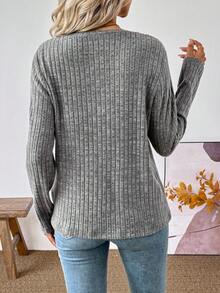 SHEIN LUNE Wish European & American Button Slit Ribbed Knit Crew Neck Long Sleeve Top - Grey - View 2