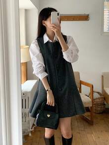 DAZY 女士纯色休闲校园风长连衣裙，韩版时尚，秋冬夏季女装 - 灰色 - 查看 2