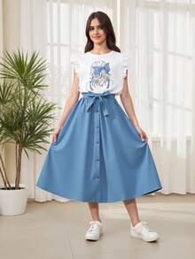 SHEIN Conjunto de falda y blusa estampada para adolescente