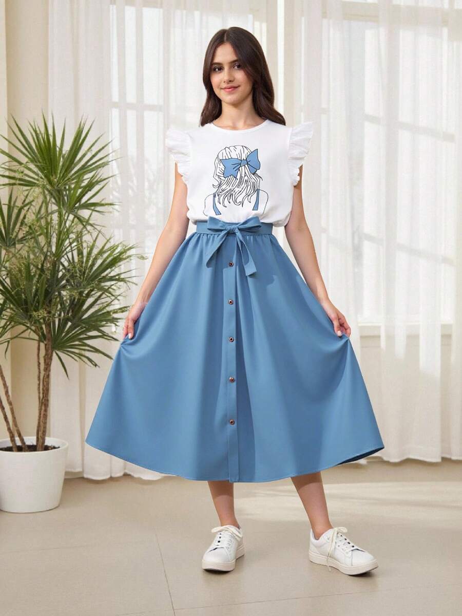 SHEIN Conjunto de falda y blusa estampada para adolescente