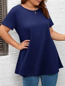 SHEIN CURVE+ 女式加大码休闲纯色圆领短袖T恤 - 藏蓝色 - 查看 3