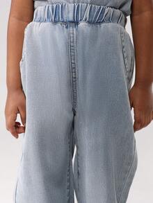 SUMWON 2 Pcs Summer Denim Set Lace Trim Peplum Sleeveless Top Wide Leg Pants Casual Western Outfit Light Wash Cotton Broderie Ruffle Detail Children Set - Baby Blue - View 6