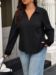 Elegantrix Plus Size Elegant Commuter Solid Color Lace Patchwork Bow Decor Blouse - Black - View 7