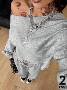 Coolane Women's Autumn Clothes Streetwear Casual Daily Wear Essentials Comfortable Grey Sweatshirt And Wide Leg Sweatpants,2pcs Comfortable Two Piece Set