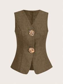 Ellevyn 女式无袖金属玫瑰纽扣衬衫，法式风格，休闲办公装，高端夏季衬衫 - 棕色 - 查看 6