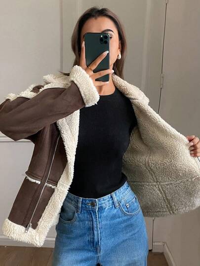 DAZY 女士撞色拼接毛领宽松长袖抓绒外套冬季女式大衣