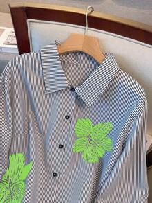 GlowEve CURVE Plus Size Casual Striped Floral Print Shirt - Mint Green - View 6