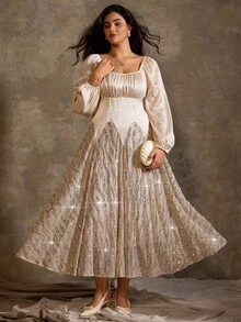 Flirla 大码女士派对连衣裙，法式方领，亮片串珠刺绣，长袖，收腰设计，A字长裙，长款，适合派对场合和约会之夜穿着 - 杏色 - 查看 6