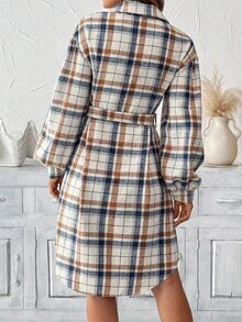 SHEIN LUNE Vestido camisero casual de mujer de manga larga a cuadros, vestido a cuadros de mujer de manga larga, vestido camisero a cuadros de mujer, vestido a cuadros de mujer para otoño