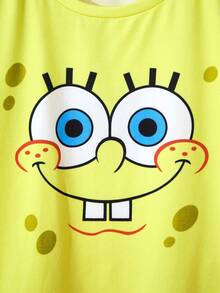 SpongeBob SquarePants | SHEIN 2 szt./zestaw dziecięcych koszulek z krótkim rękawem i okrągłym dekoltem w kreskówkowy wzór, swobodny krój, dzianina - Żółty - Zobacz 3