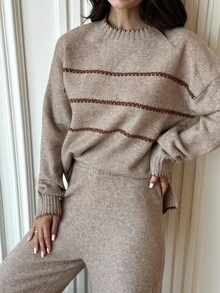 Firerie Women's Casual Loose Contrast Color Knit Sweater Set, Long Sleeve Round Neck Top And Pants Set, Suitable For Spring, Autumn And Winter, Contrast Color Trim Knit Suit, Spring, Autumn And Winter Clothing, Commuting, Elegant, Casual Daily, Work Outfit,Fall - Khaki - View 8