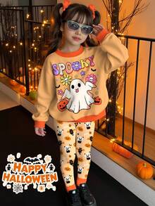 SHEIN Conjunto de sudadera y leggings con estampados de Halloween de 2 piezas para niñas, con diseños lindos de fantasma, calavera, araña, calabaza y murciélago, adecuado para otoño/invierno, disfraz de Halloween