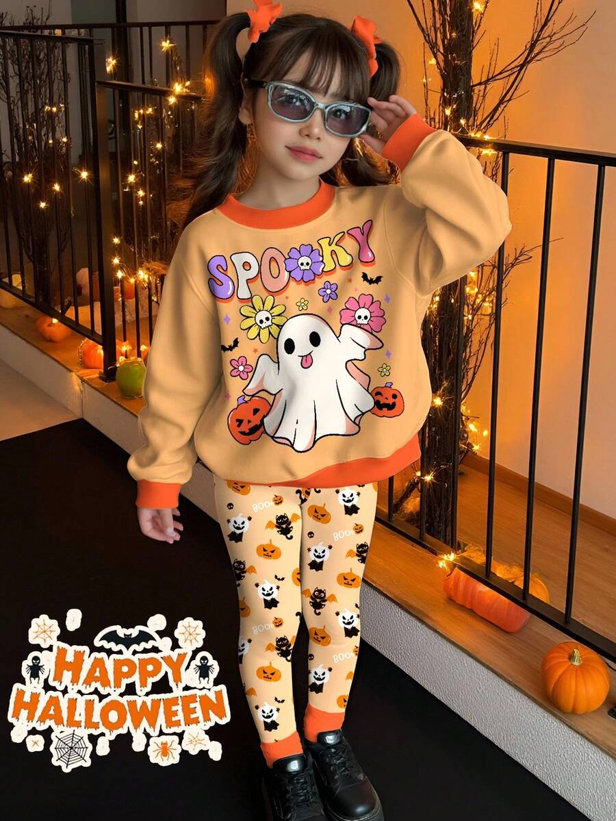 SHEIN Conjunto de sudadera y leggings con estampados de Halloween de 2 piezas para niñas, con diseños lindos de fantasma, calavera, araña, calabaza y murciélago, adecuado para otoño/invierno, disfraz de Halloween