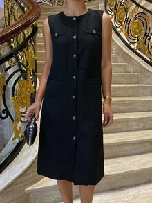DAZY Women's Solid Color Round Neck Fitted Long Sleeveless Casual Vest Jacket, Autumn/Winter Women Coats - Black - View 4