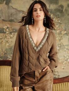 Anewsta New V-Neck Bubble Bead 3D Decor Oversized Slouchy Loose Outerwear To Pair With Coats, Brown Sweater For Women, Winter Clothing - Mocha Brown - View 5