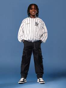 SUMWON NY Baseball Inspired Varsity Mesh Bomber Jacket Striped Pattern Retro Design Kids Youth Fashion Outerwear Streetwear Casual Collection Back To School Comfortable Boys Jacket Fall Winter - Black and White - View 6