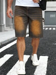 Manfinity EMRG Men's Loose Casual Bermuda Denim Shorts With Pockets Boyfriend & Husband Vintage Washed Loose Wide Leg For Vacation Denim Shorts