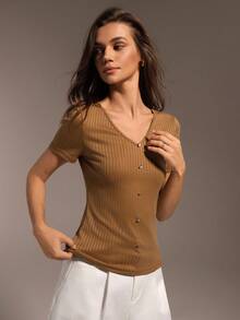 Hanevo Camiseta casual de verano para mujer de unicolor, cuello en V, abotonada, de manga corta