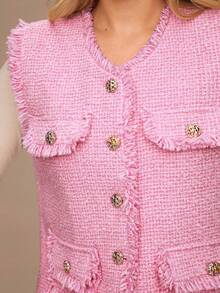 Enchnt Áo khoác vest tua rua kim loại đơn hàng khuy thanh lịch dành cho nữ - Hồng - Xem 2