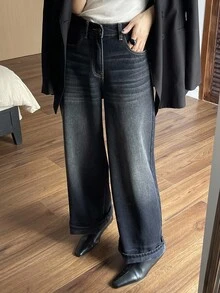 DAZY 女士宽松直筒牛仔裤，休闲街头风，带保暖内衬，冬季款 - 深色水洗藍 - 查看 4