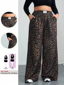 SHEIN Tall CURVE Plus Size Women Leopard Print Letter Applique Pocket Wide Leg Casual Pants Leopard Print Pants Plus Size Leopard Print Pants Wide Leg Leopard Pants Tall Curve Pants Curve Pants,Fall Clothes For Women