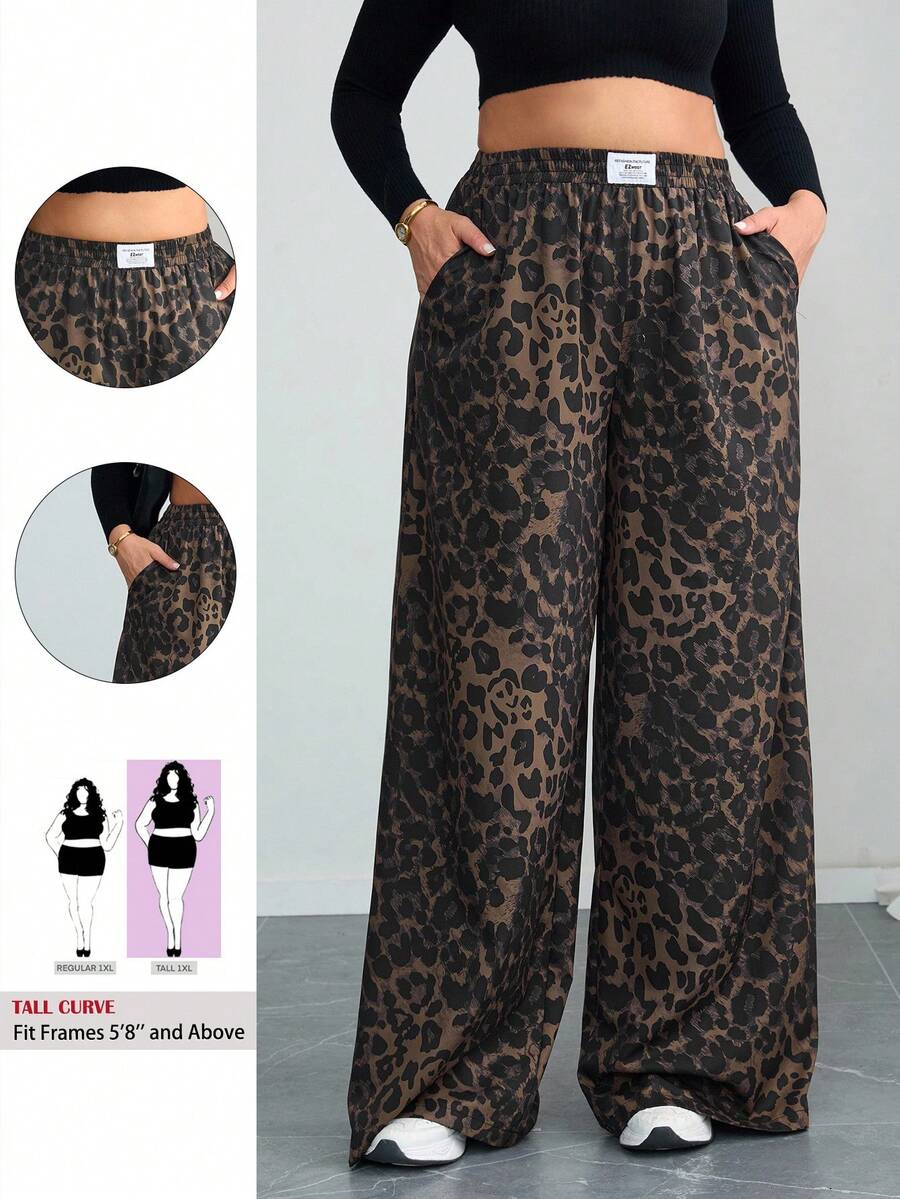 SHEIN Tall CURVE Plus Size Women Leopard Print Letter Applique Pocket Wide Leg Casual Pants Leopard Print Pants Plus Size Leopard Print Pants Wide Leg Leopard Pants Tall Curve Pants Curve Pants,Fall Clothes For Women