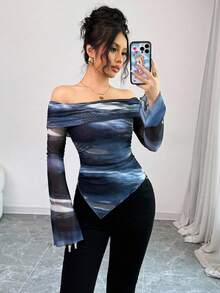 Selianne 女式露肩长袖简约T恤，适合日常休闲穿着，图案T恤，女式春季上衣