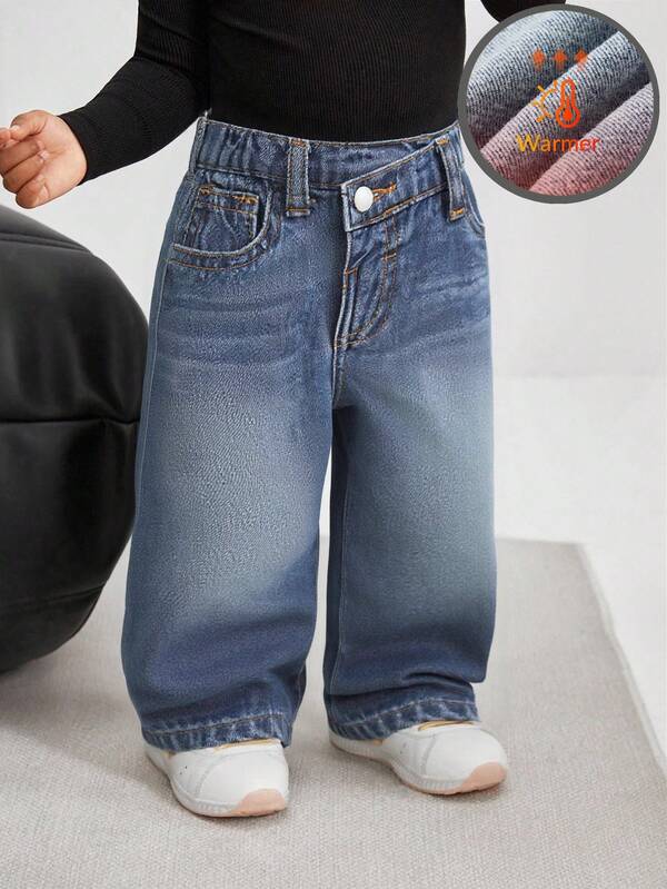 SHEIN Pantaloni larghi in denim blu per bambina con orlo in pelliccia asimmetrico in vita