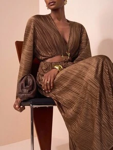 Zivah Rochie plisată cu mâneci lungi, decolteu în V adânc, cu talie scobită, vară și început de toamnă 2025, model nou